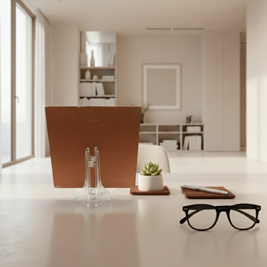 Modern office desk with a computer monitor, glasses, and small plant.