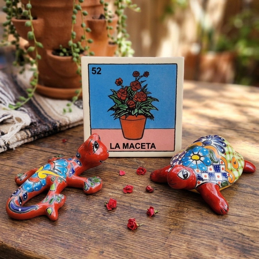 Colorful ceramic turtle figurines with a 'La Maceta' card on a wooden surface.