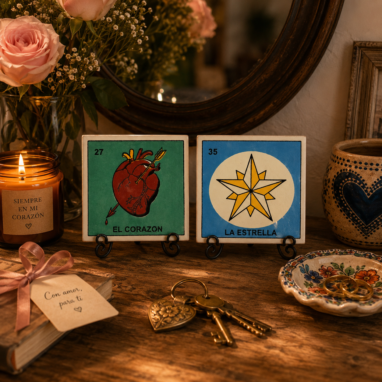 Love & Light Set Lotería ceramic tile display featuring El Corazón and La Estrella styled with romantic décor, candlelight, and meaningful keepsakes
