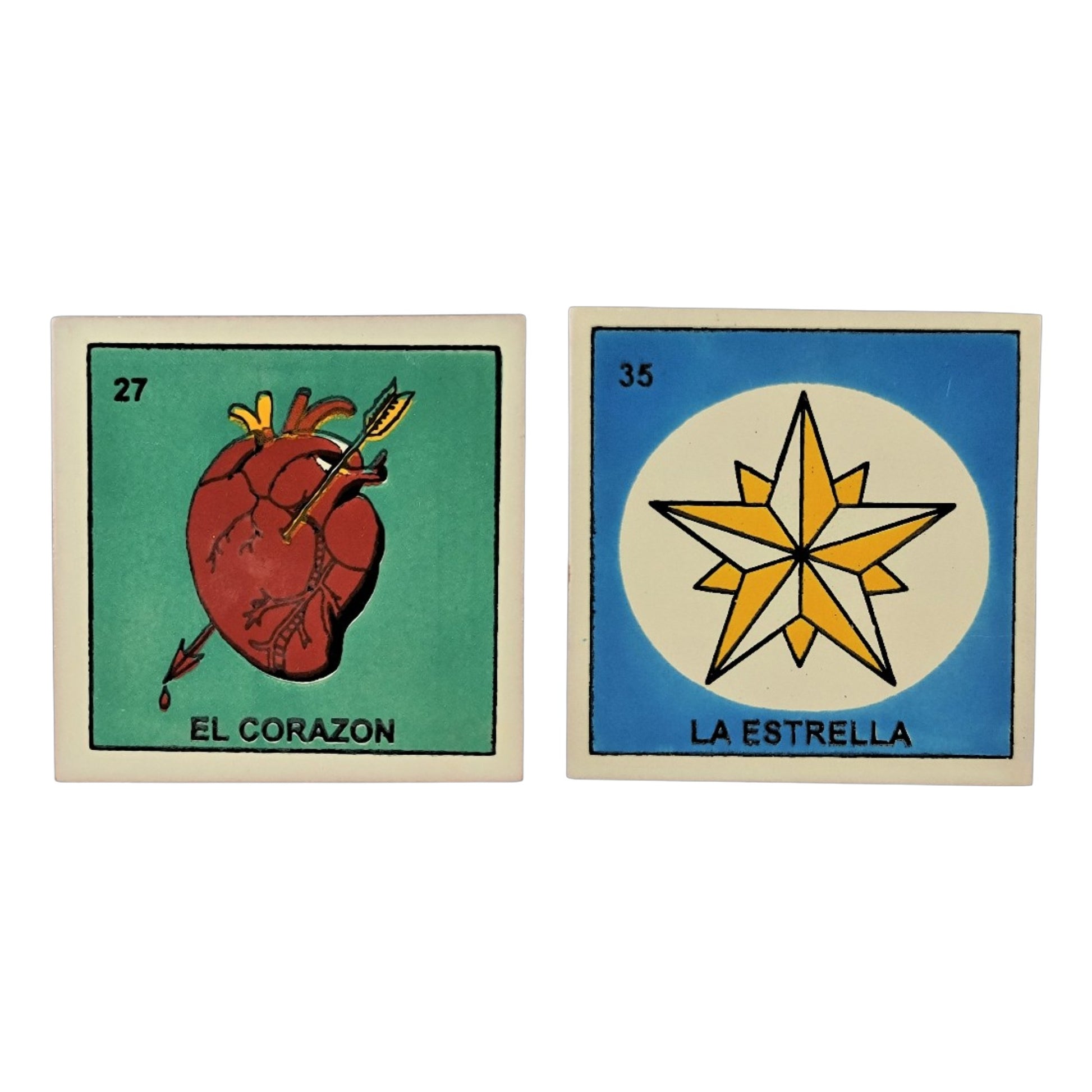 Love & Light Set 2-piece Mexican Lotería ceramic tile bundle featuring El Corazón #27 and La Estrella #35