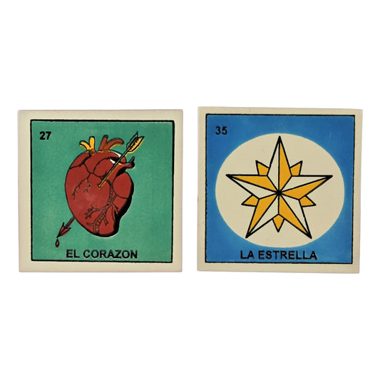 Love & Light Set 2-piece Mexican Lotería ceramic tile bundle featuring El Corazón #27 and La Estrella #35