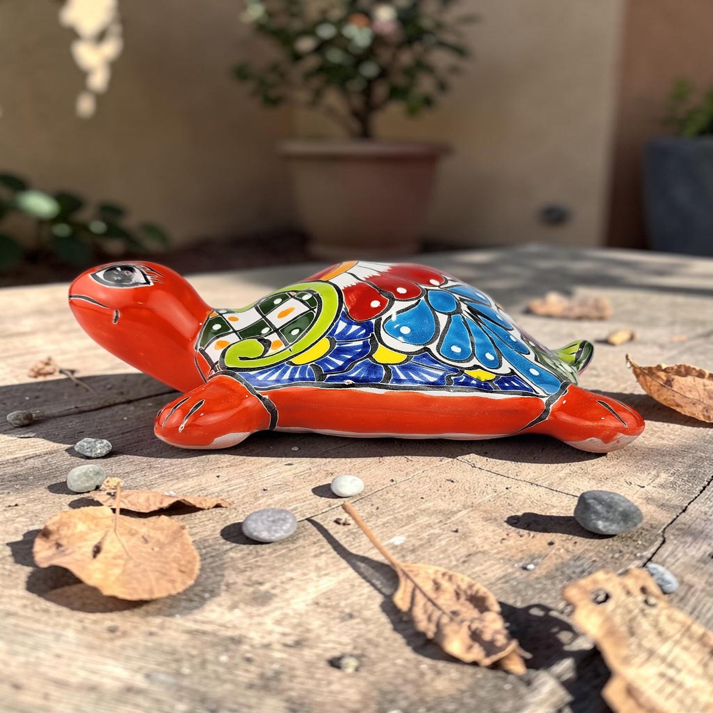 Orange Talavera-Style Ceramic Turtle Figurine 9.5" – Mexican Folk Art Décor