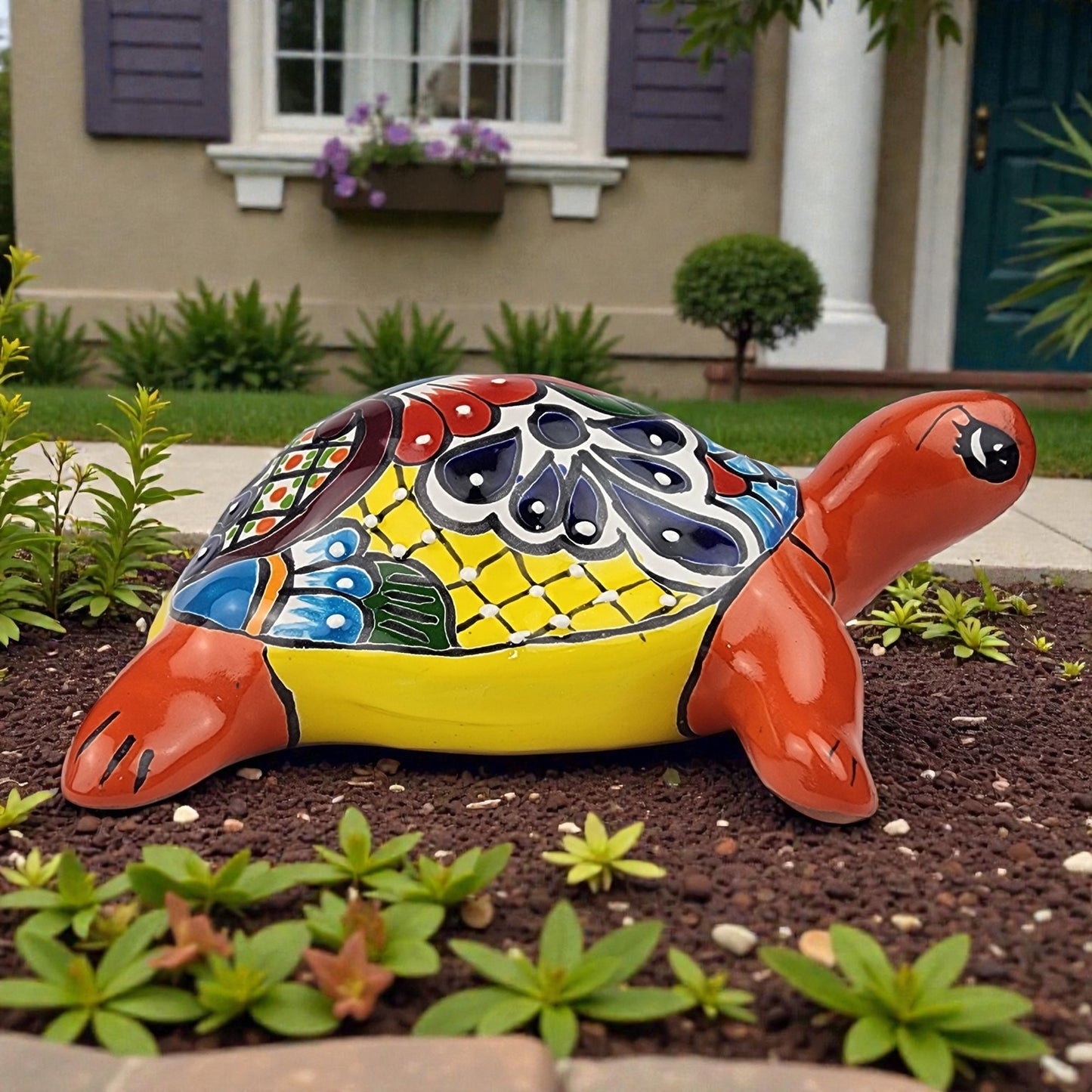 Red Orange Talavera-Style Turtle Figurine 11" – Mexican Ceramic Garden Décor