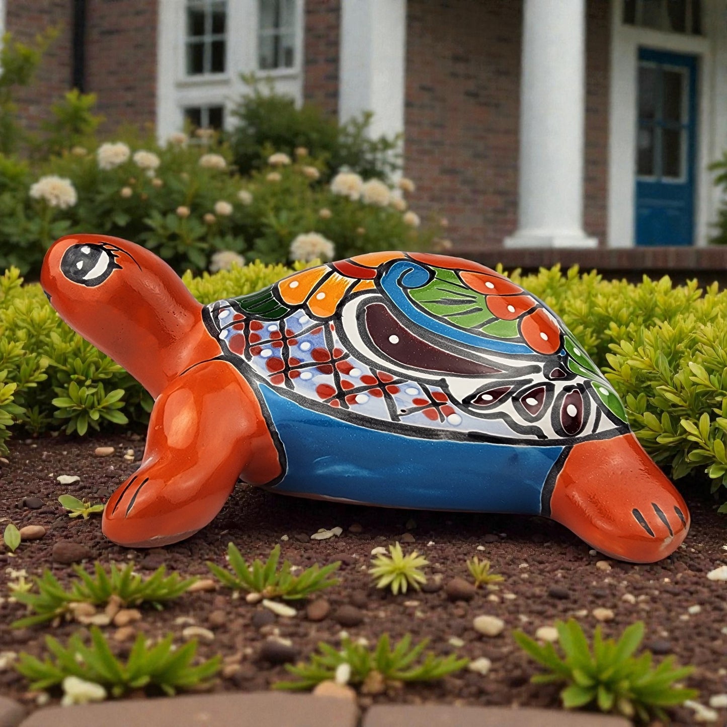 Red Orange Talavera-Style Turtle Figurine 11" – Mexican Folk Art Décor