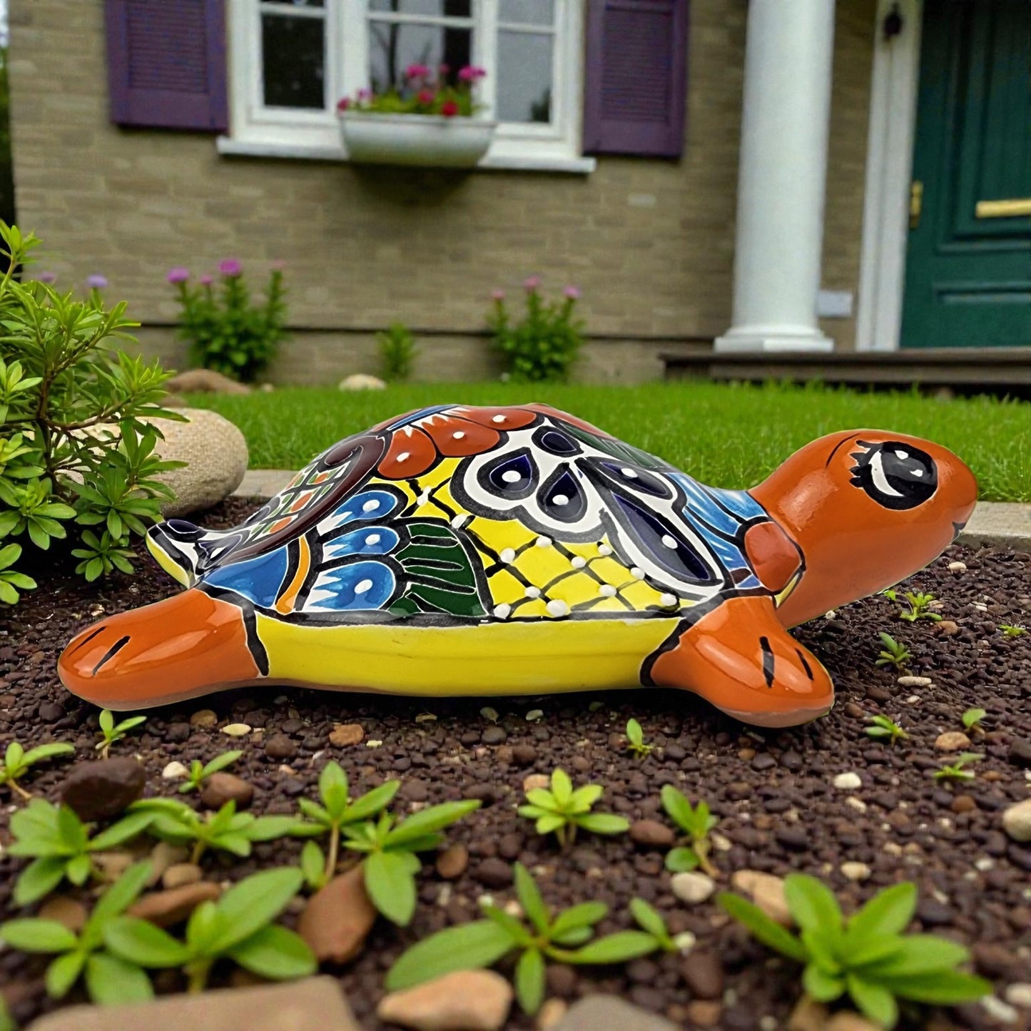 Red Orange Talavera-Style Turtle Figurine 9.5" – Mexican Ceramic Décor