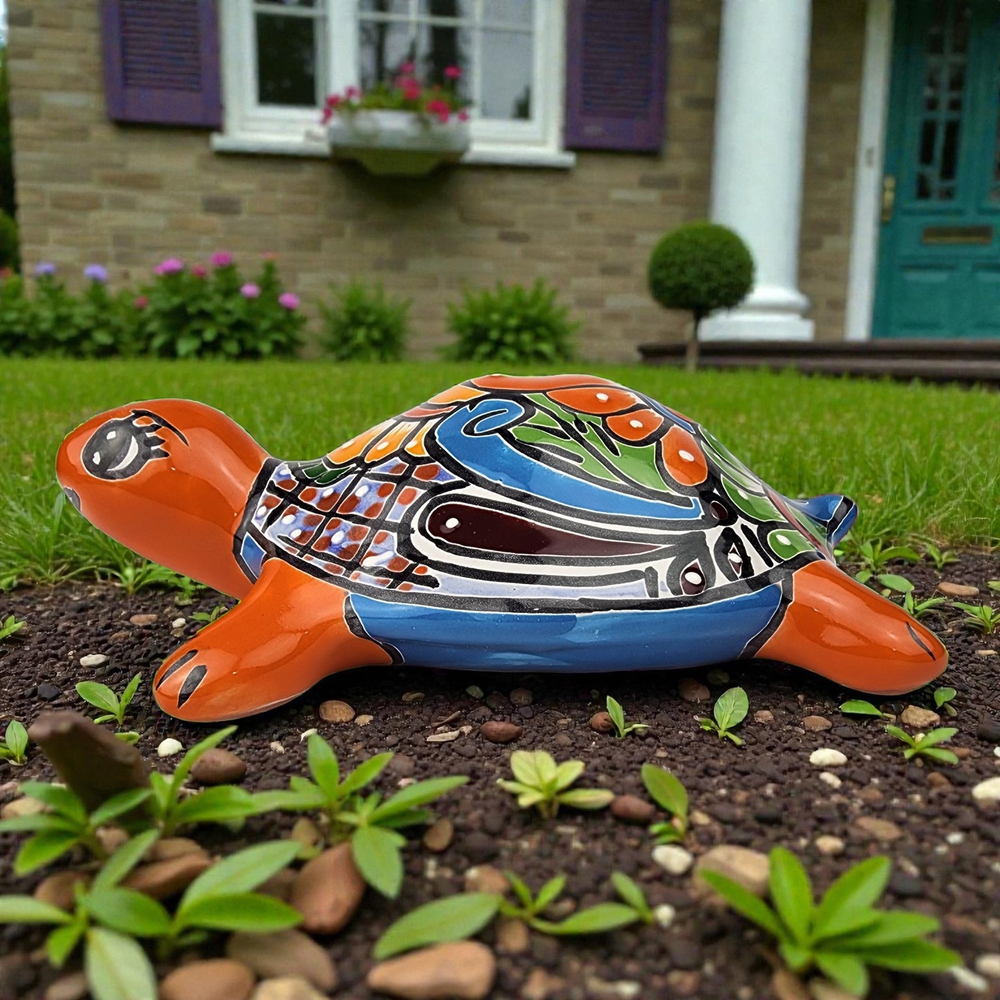Red Orange Talavera-Style Turtle Figurine 9.5" – Mexican Folk Art Accent