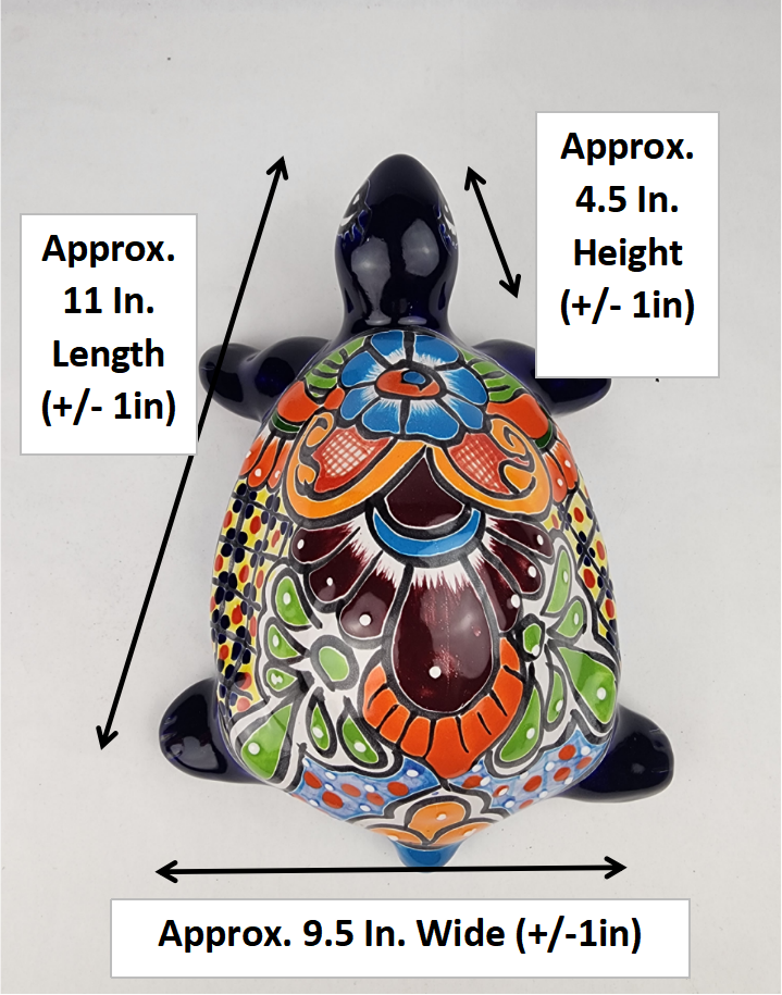 Blue Ceramic Turtle Figurine 11" – Talavera-Style Mexican Folk Art