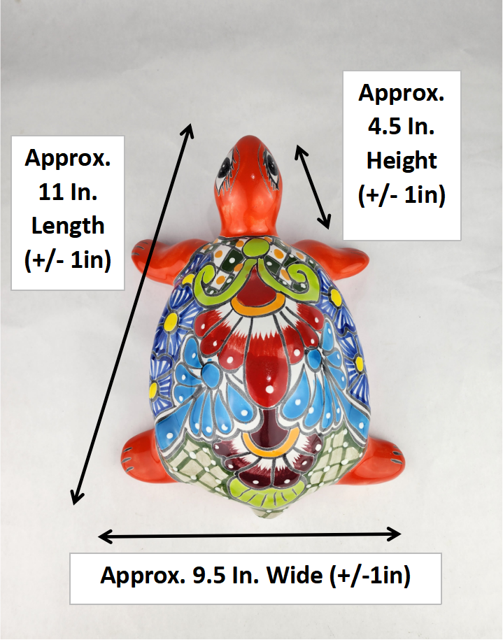 Red-Orange Talavera-Style Turtle Figurine 11" – Mexican Folk Art Décor