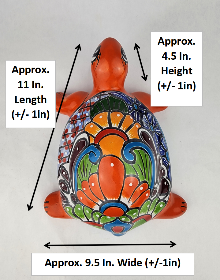 Red Orange Talavera-Style Turtle Figurine 11" – Mexican Folk Art Décor