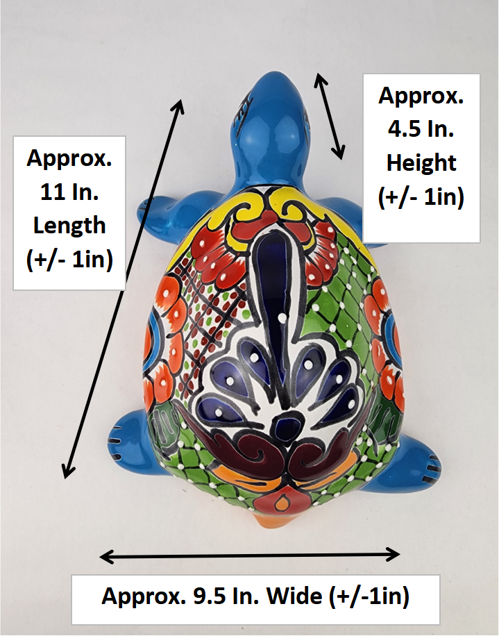 Sky Blue Talavera-Style Turtle Figurine 11" – Mexican Folk Art Décor