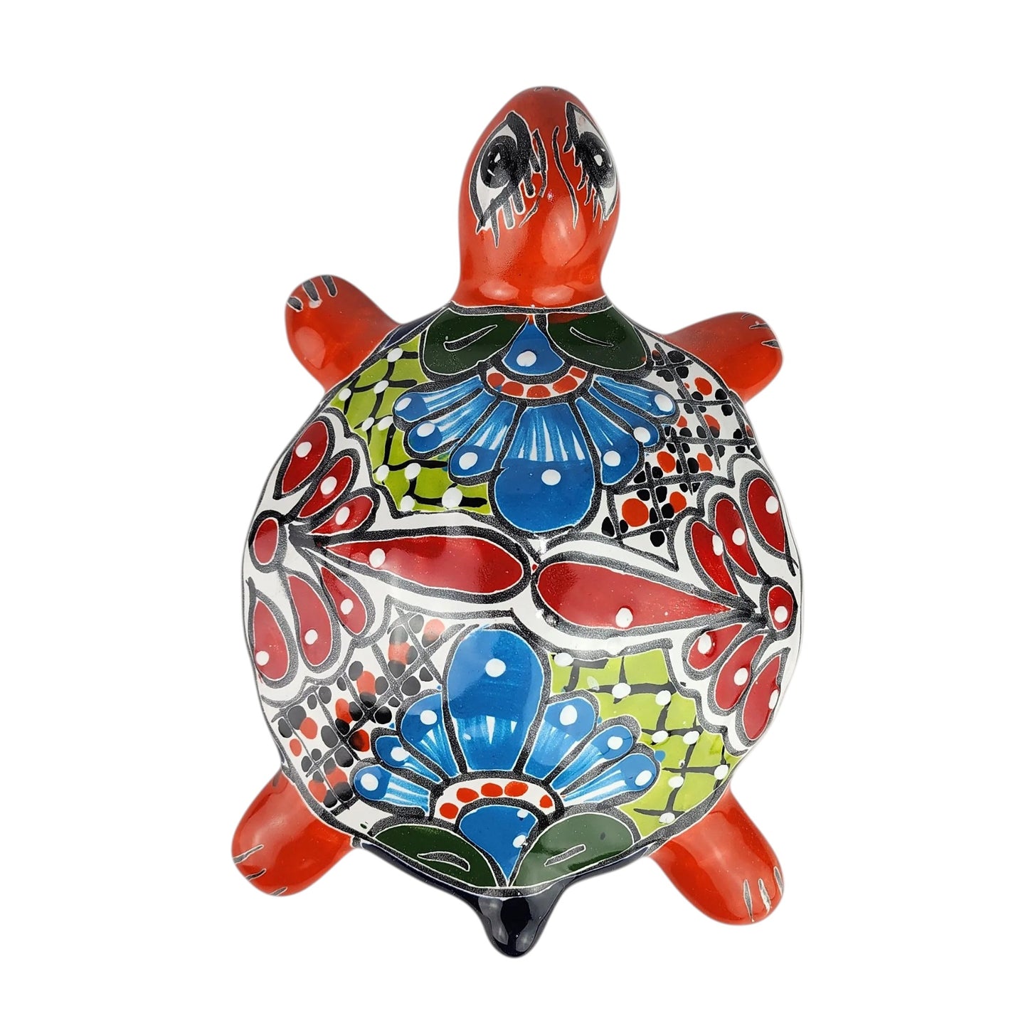 Talavera-Style Ceramic Turtle Figurine | Red-Orange & Multicolor Mexican Folk Art