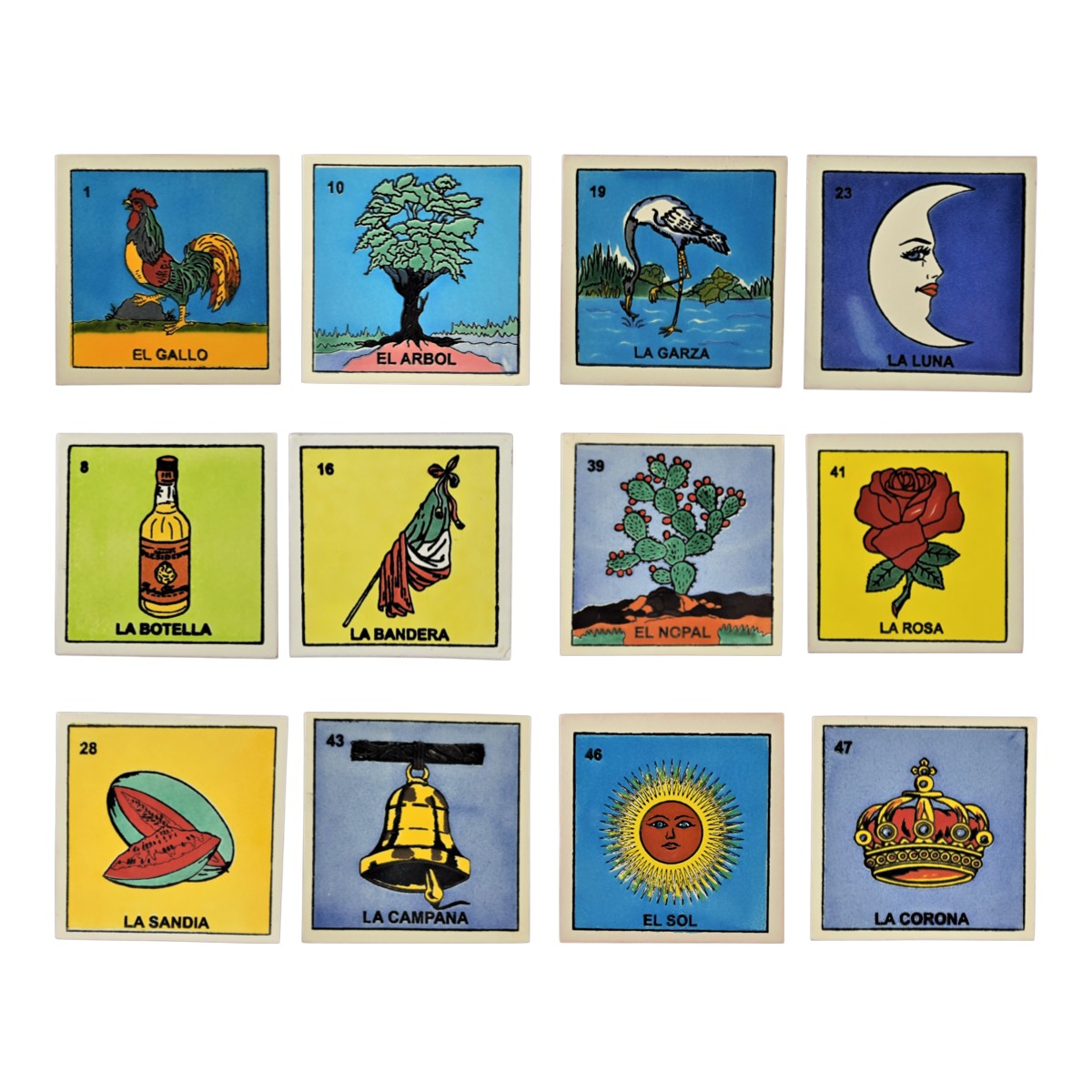 Roots & Memories 12-piece Mexican Lotería ceramic tile set arranged in a three-by-four grid on a white background.
