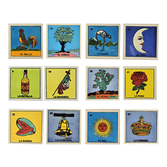 Roots & Memories 12-piece Mexican Lotería ceramic tile set arranged in a three-by-four grid on a white background.
