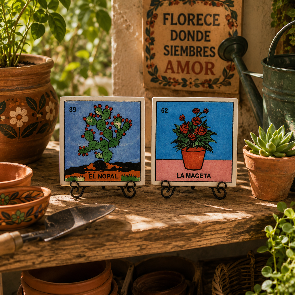 Roots & Bloom Set Lotería ceramic tile display featuring El Nopal and La Maceta styled with terracotta pots, succulents, and garden décor