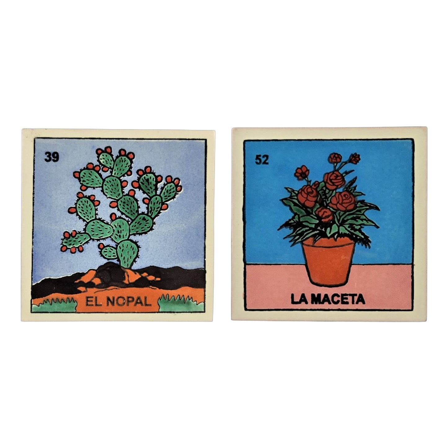 Roots & Bloom Set 2-piece Mexican Lotería ceramic tile bundle featuring El Nopal #39 and La Maceta #52