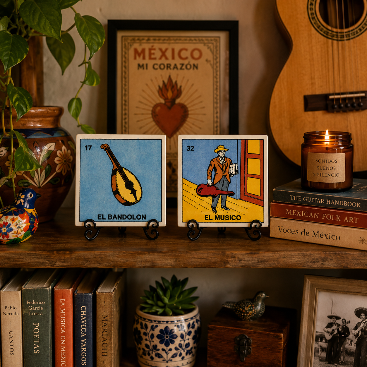 Serenade Set Lotería ceramic tile display featuring El Bandolón and El Músico styled with books, musical instruments, and Mexican folk art décor