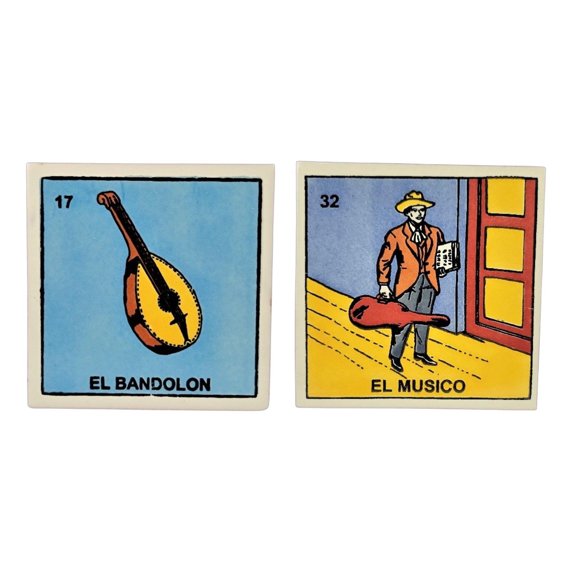 Serenade Set 2-piece Mexican Lotería ceramic tile bundle featuring El Bandolón #17 and El Músico #32