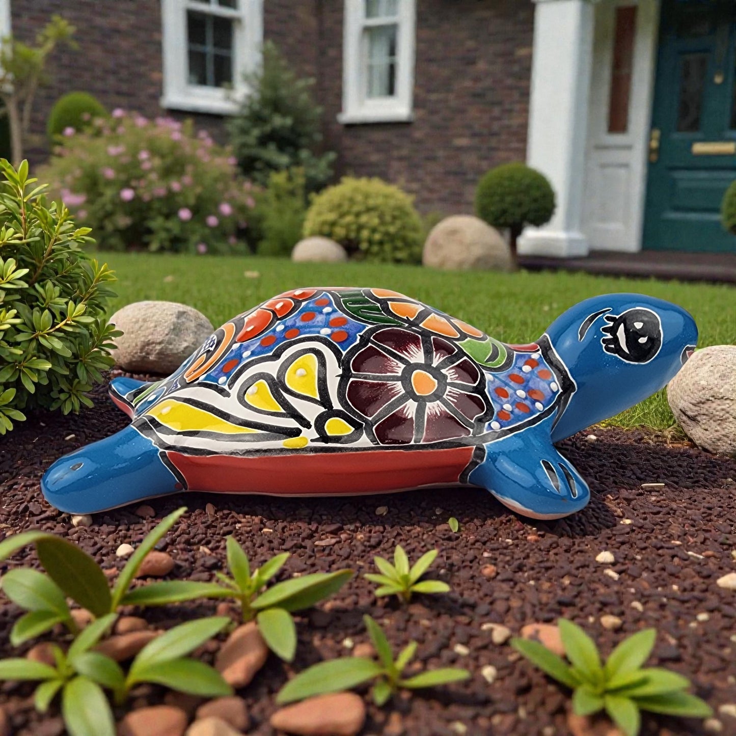 Sky Blue Talavera-Style Turtle Figurine 9.5" – Mexican Ceramic Décor