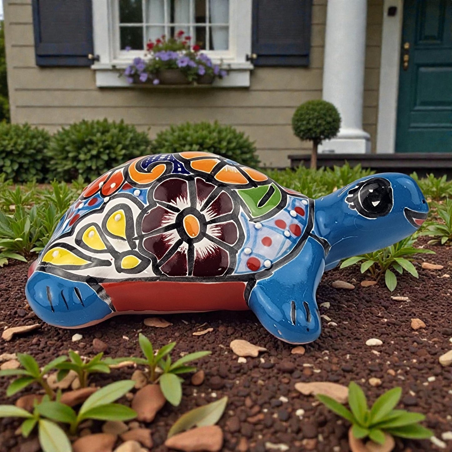 Sky Blue Talavera-Style Turtle Figurine 8.5" – Mexican Ceramic Folk Art