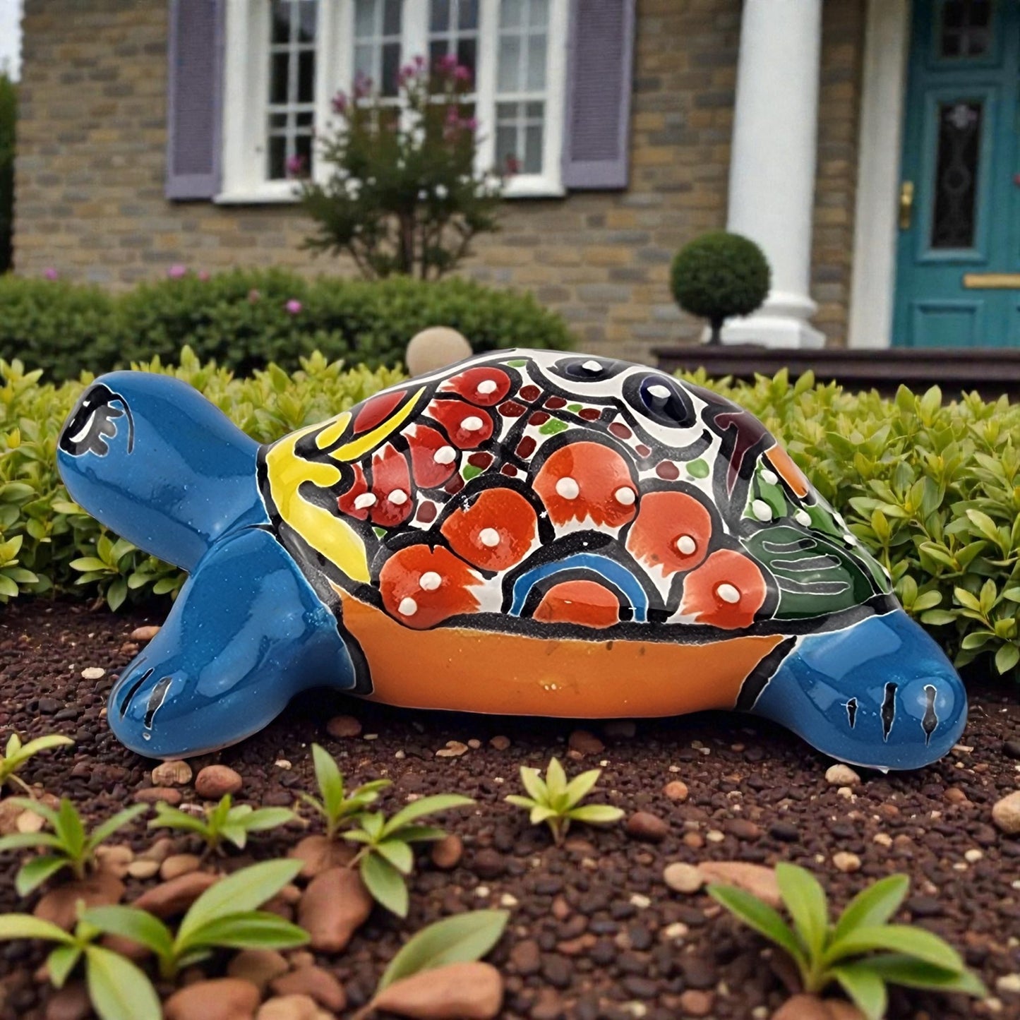 Sky Blue Talavera-Style Turtle Figurine 8.5" – Mexican Garden Folk Art