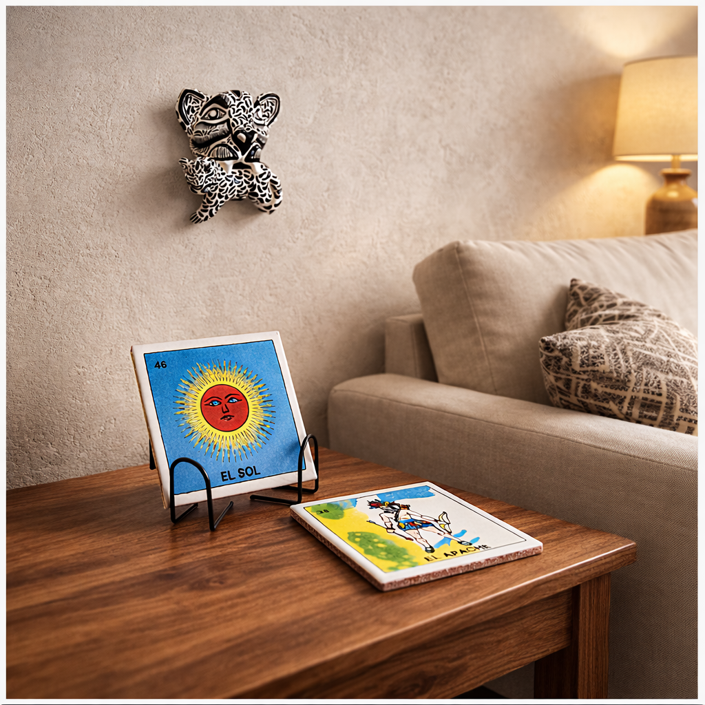 Ceramic Jaguar Wall Decor & Lotería Coaster Set w/ Holder