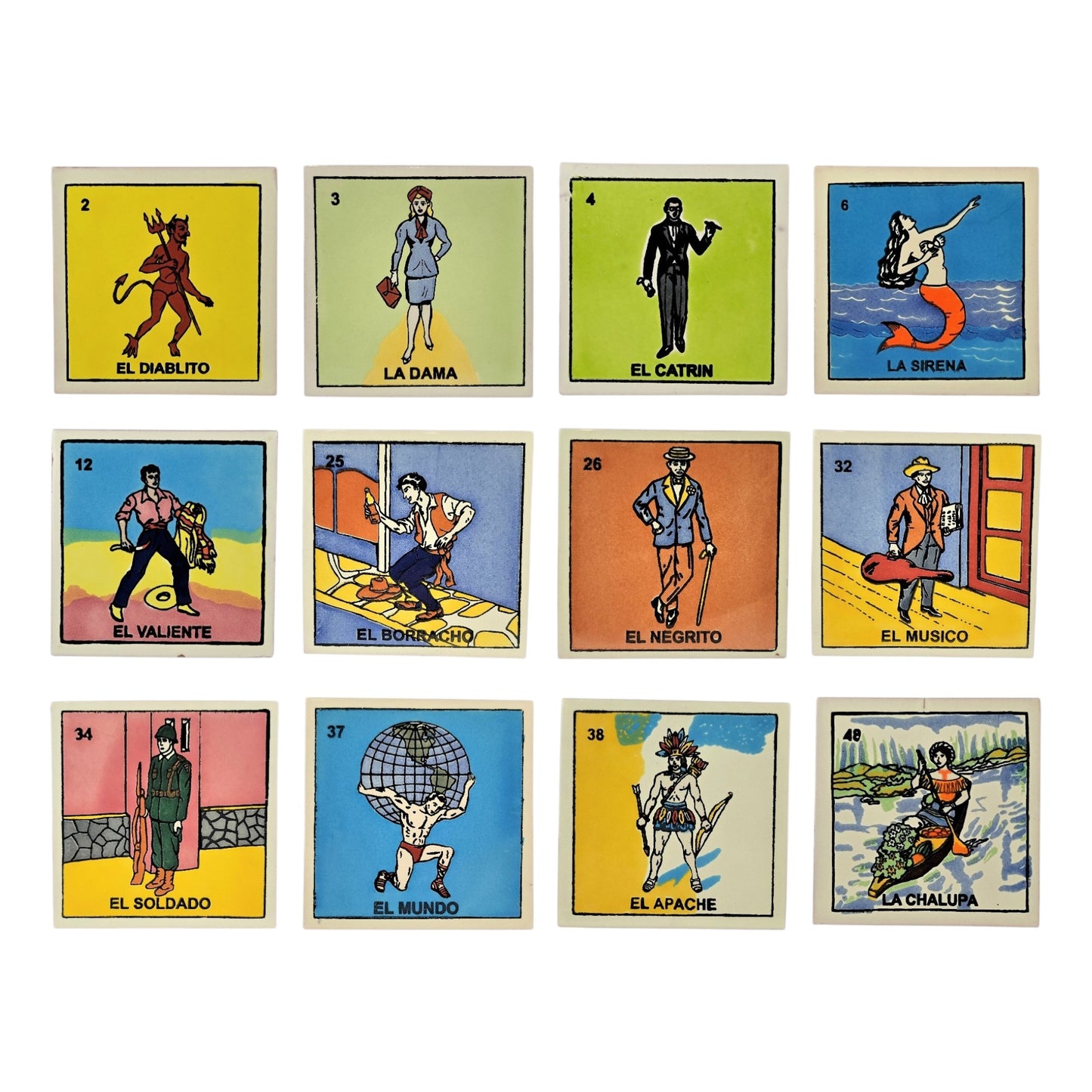 12-piece Mexican Lotería ceramic tile bundle featuring El Diablito, La Dama, El Catrín, La Sirena, and El Valiente.
