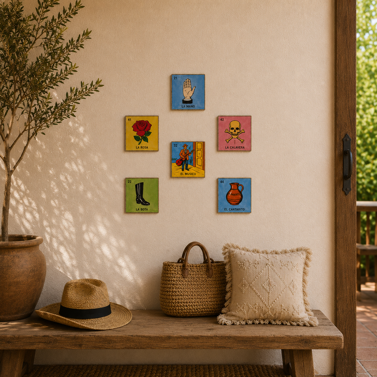 Classics Collection Mexican Lotería ceramic tiles displayed as colorful folk art wall décor in a warm rustic-inspired living space.