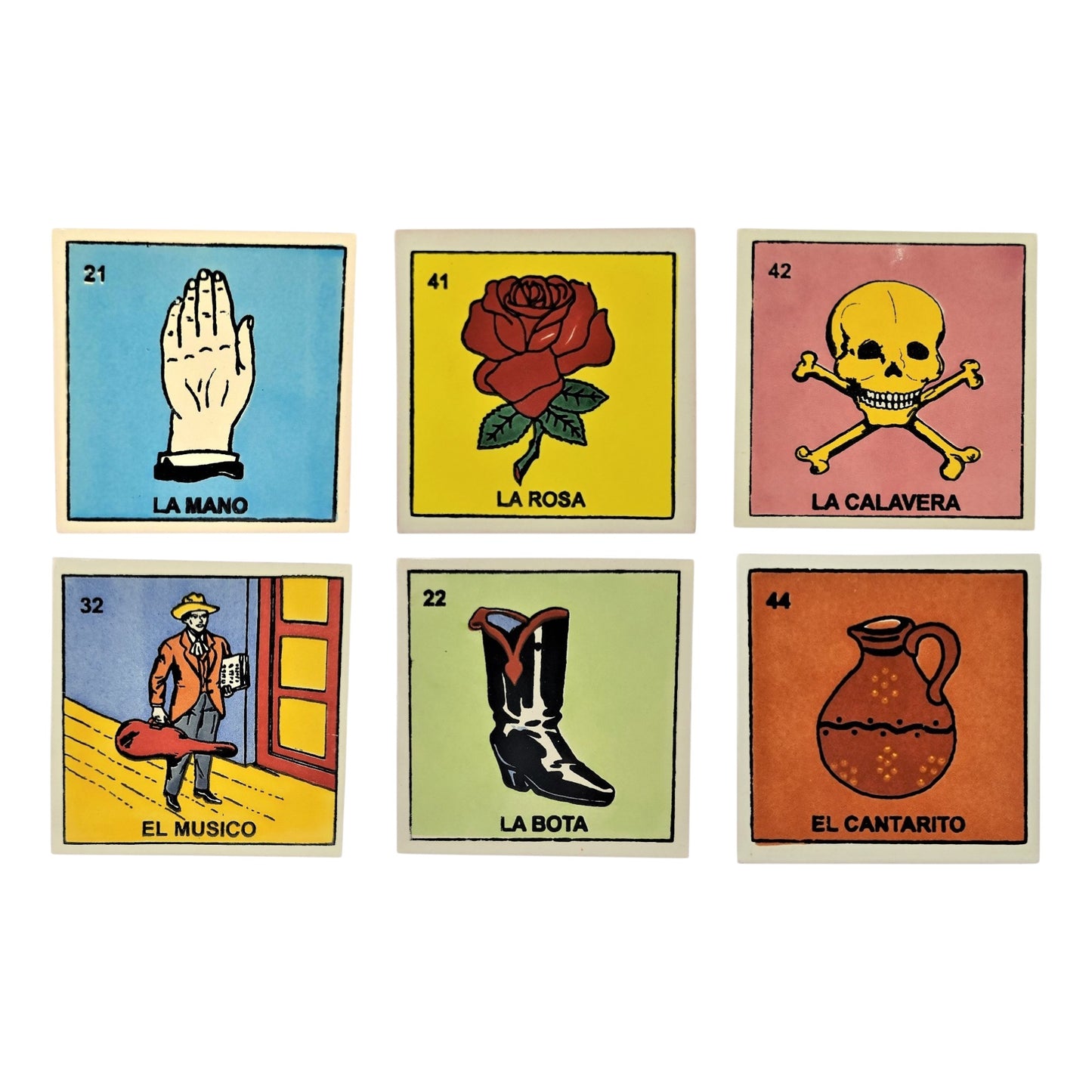 Six Mexican Lotería ceramic tiles on white: La Mano, La Rosa, La Calavera, El Músico, La Bota, and El Cantarito.