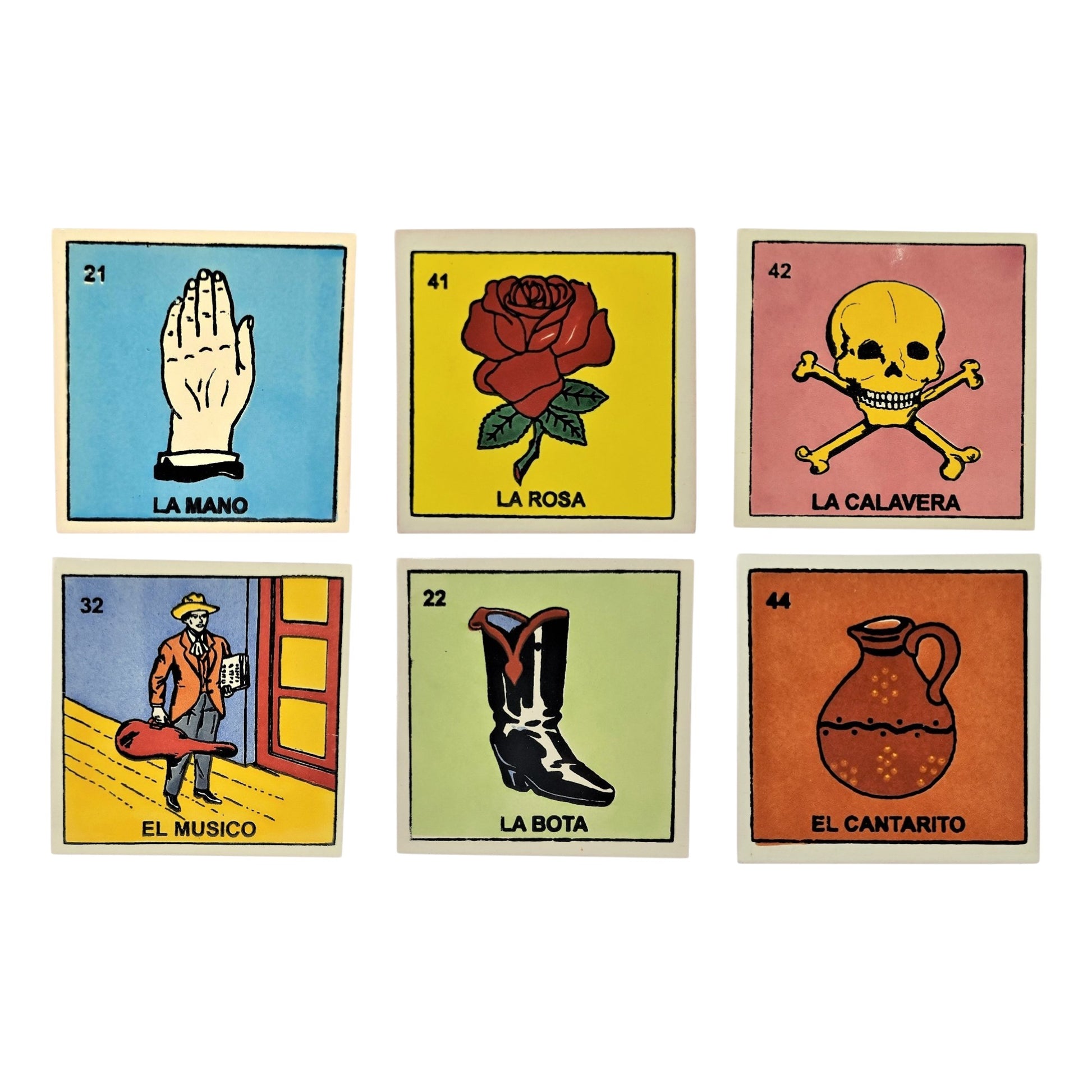 Six Mexican Lotería ceramic tiles on white: La Mano, La Rosa, La Calavera, El Músico, La Bota, and El Cantarito.