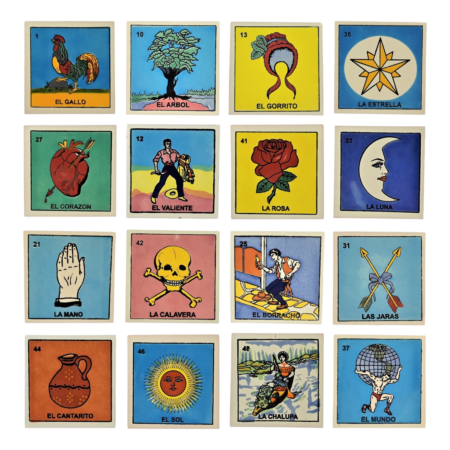 16-piece Mexican Lotería ceramic tile bundle featuring El Gallo, El Sol, La Luna, and La Calavera.