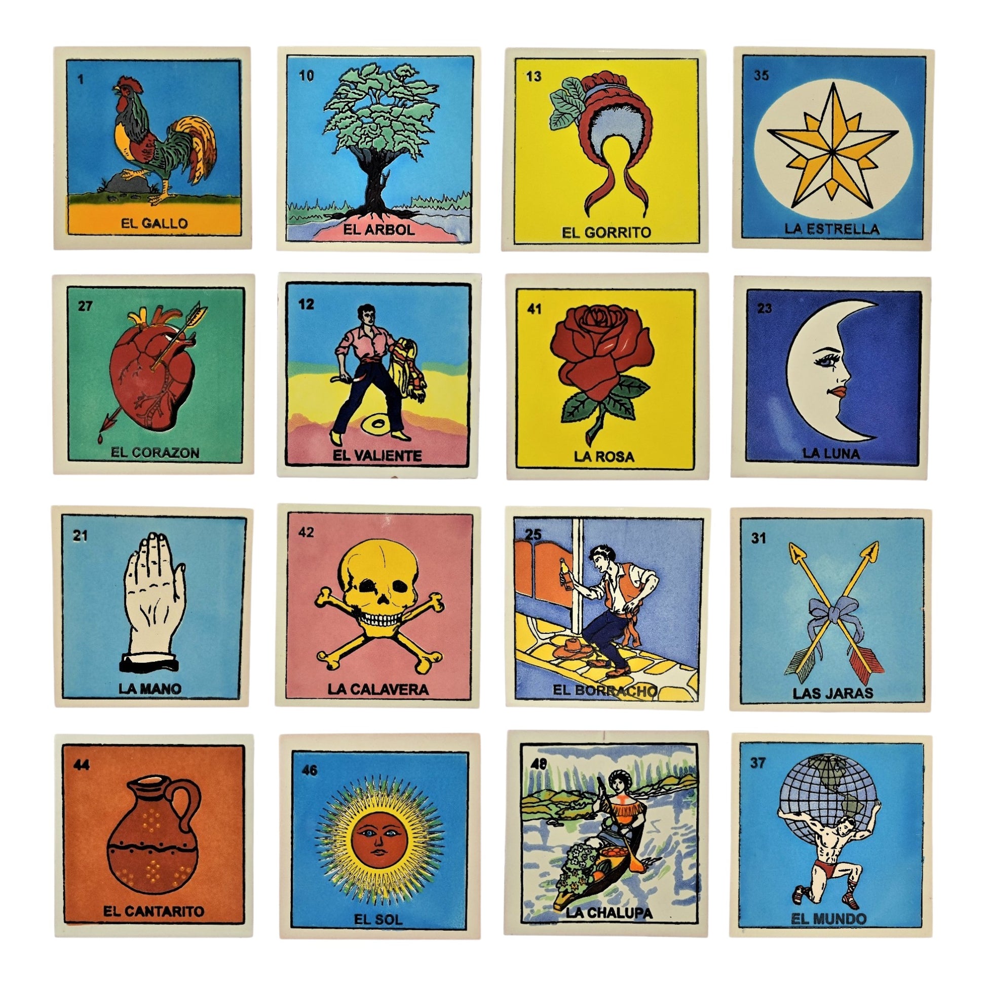 16-piece Mexican Lotería ceramic tile bundle featuring El Gallo, El Sol, La Luna, and La Calavera.