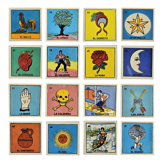 16-piece Mexican Lotería ceramic tile bundle featuring El Gallo, El Sol, La Luna, and La Calavera.