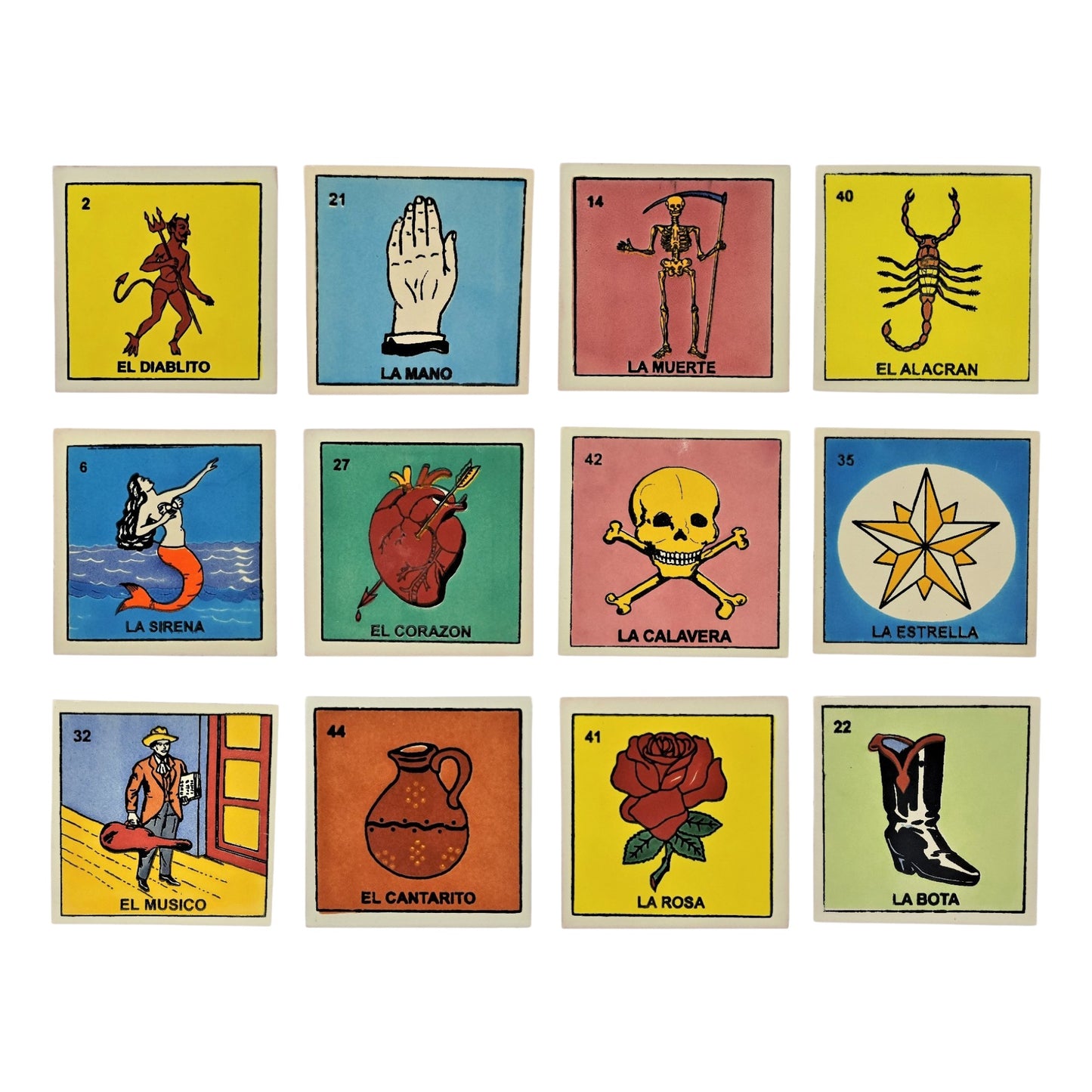 12-piece Mexican Lotería ceramic tile bundle featuring El Diablito, La Mano, La Muerte, El Alacrán, La Sirena, and El Corazón.