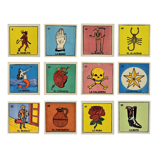 12-piece Mexican Lotería ceramic tile bundle featuring El Diablito, La Mano, La Muerte, El Alacrán, La Sirena, and El Corazón.