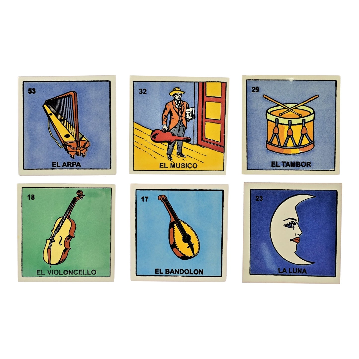 Six Mexican Lotería ceramic tiles on white: El Arpa, El Músico, El Tambor, El Violoncello, El Bandolón, and La Luna.