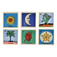 Six Mexican Lotería ceramic tiles on white: El Sol, La Luna, El Nopal, La Palma, El Corazón, and La Estrella.