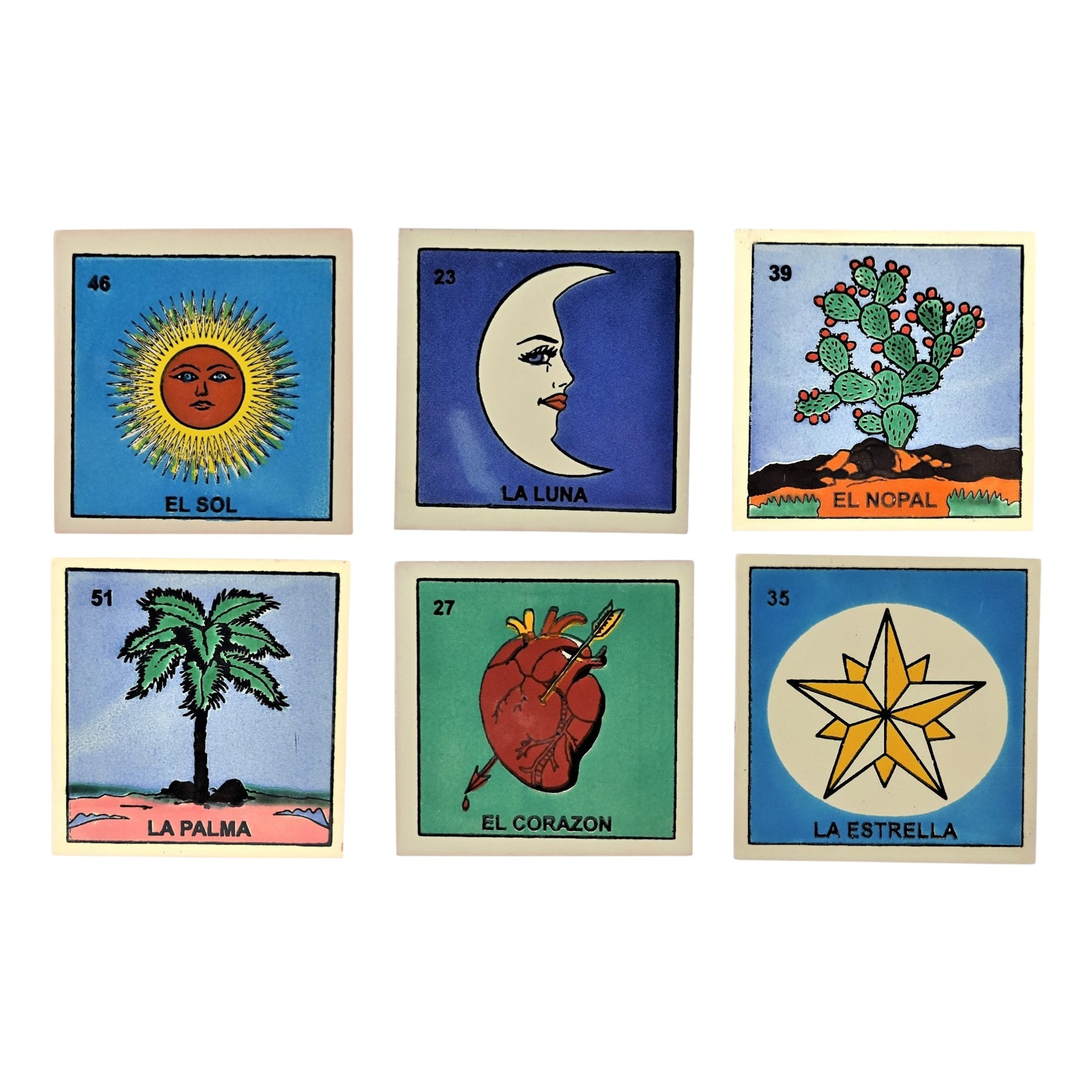Six Mexican Lotería ceramic tiles on white: El Sol, La Luna, El Nopal, La Palma, El Corazón, and La Estrella.