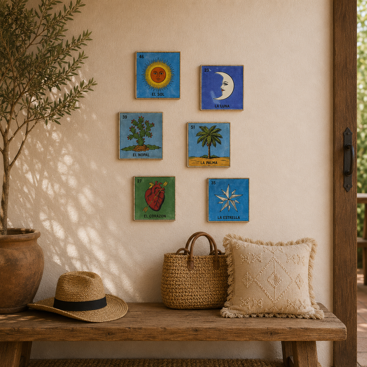 Sky, Earth & Soul Collection Mexican Lotería ceramic tiles displayed as colorful folk art wall décor in a warm rustic-inspired space.