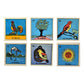Six Mexican Lotería ceramic tiles on white: El Gallo, El Árbol, La Garza, El Pájaro, El Cotorro, and El Sol.