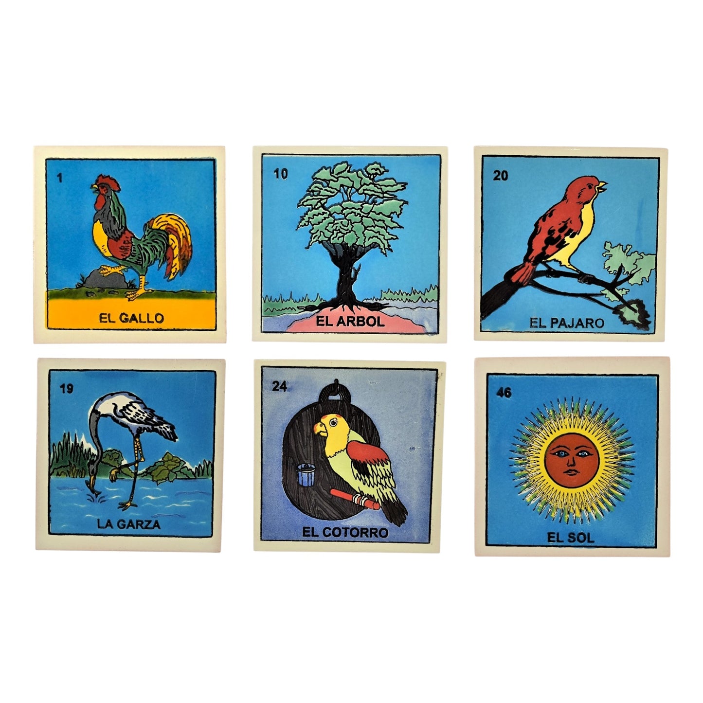Six Mexican Lotería ceramic tiles on white: El Gallo, El Árbol, La Garza, El Pájaro, El Cotorro, and El Sol.