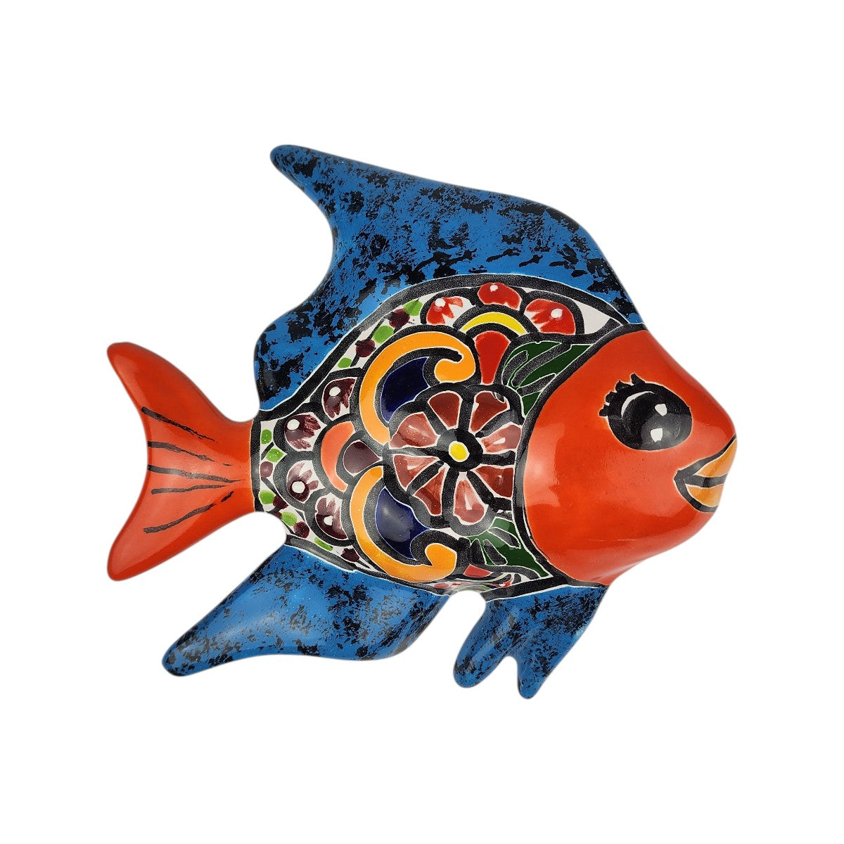 Blue and orange Talavera-style ceramic fish wall décor handcrafted in Mexico with colorful floral artwork on a white background.