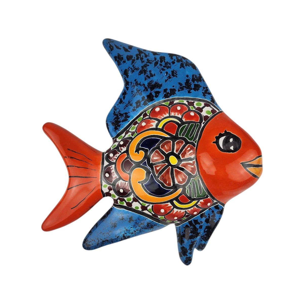 Blue and orange Talavera-style ceramic fish wall décor with colorful floral artwork on a white background.