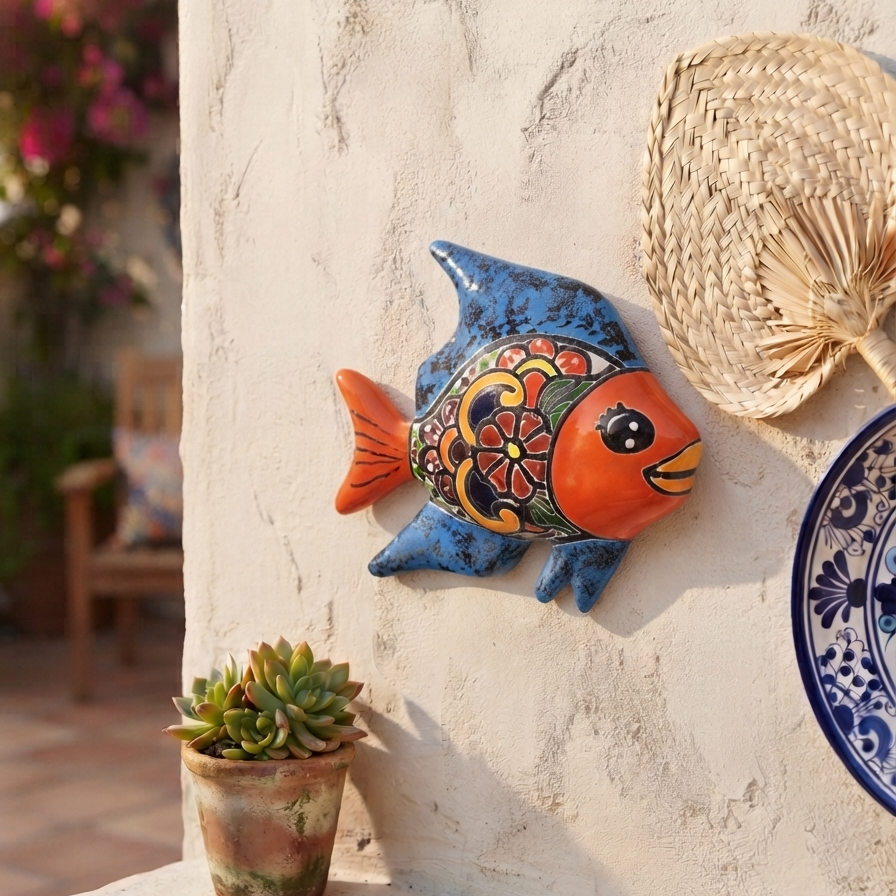 Blue and orange Talavera-style ceramic fish wall décor displayed on a stucco wall in a coastal-inspired outdoor space.