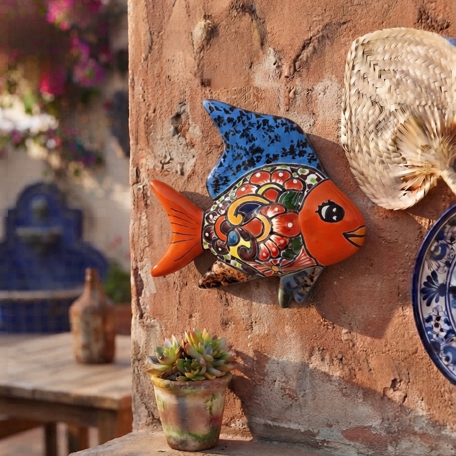 Blue and orange Talavera-style ceramic fish wall décor displayed on a stucco wall in a Mexican-inspired outdoor space.