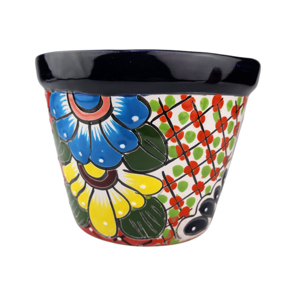 A hand-painted ceramic planter pot with a black glazed rim and a colorful floral and geometric pattern on a white background.