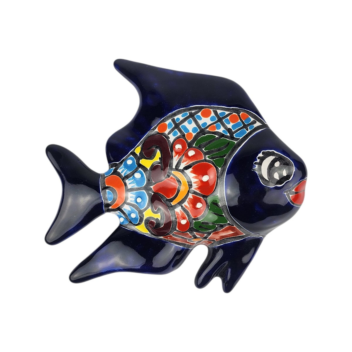 Blue Talavera-style ceramic fish wall décor handcrafted in Mexico with colorful floral artwork on a white background.