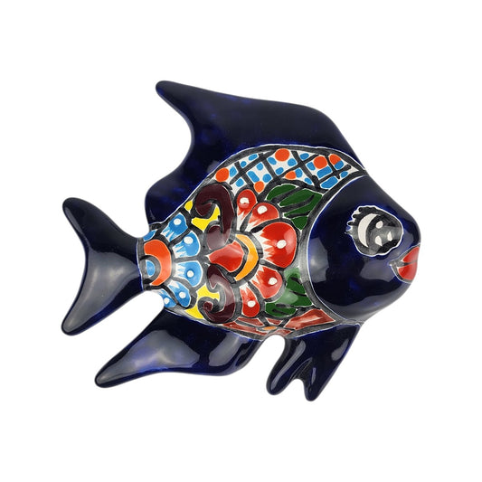 Blue Talavera-style ceramic fish wall décor handcrafted in Mexico with colorful floral artwork on a white background.
