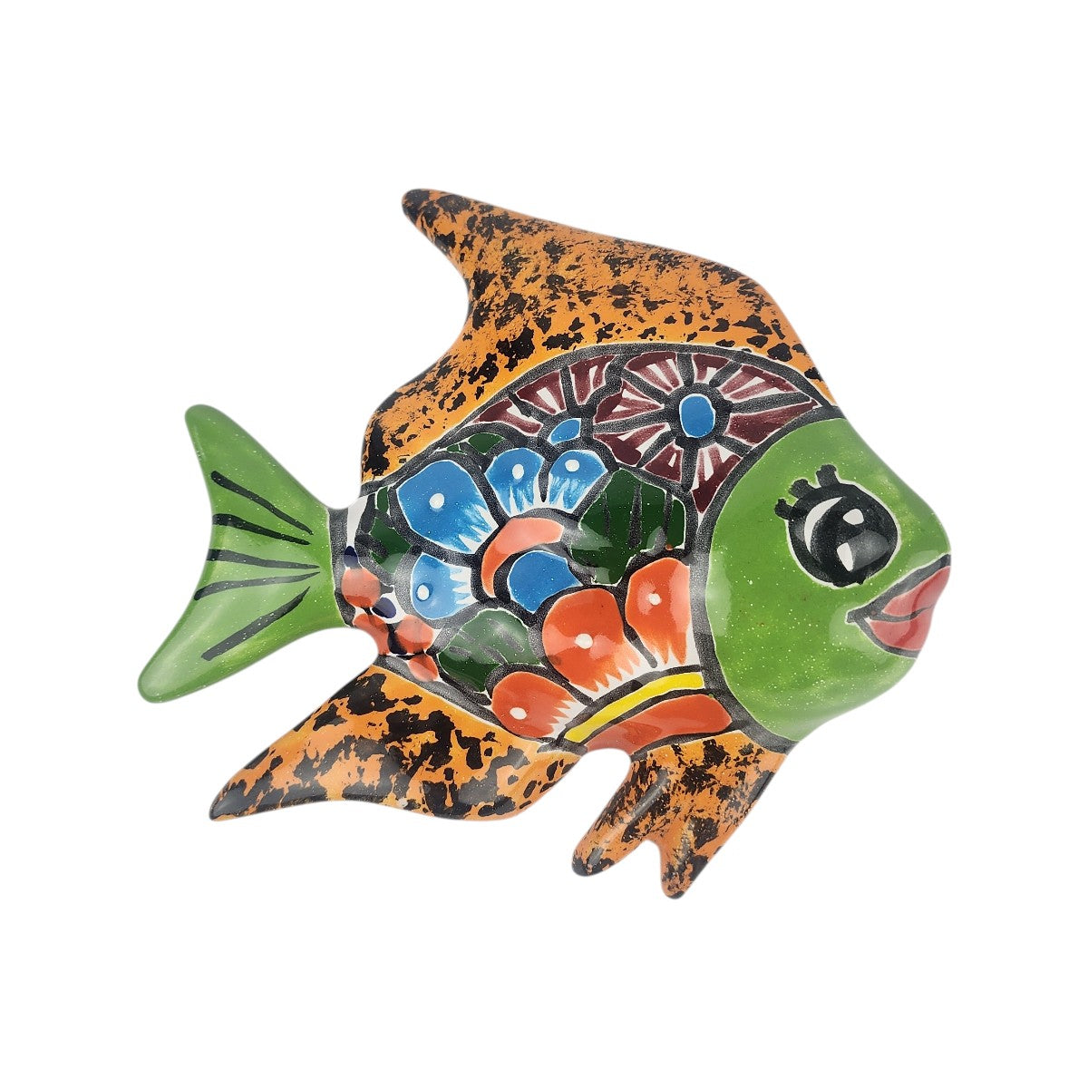 Green and orange Talavera-style ceramic fish wall décor handcrafted in Mexico with colorful floral artwork on a white background.