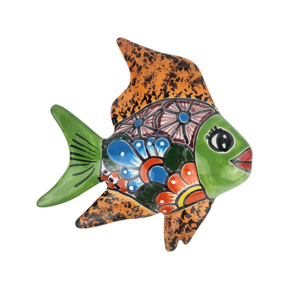 Green and orange Talavera-style ceramic fish wall décor with colorful floral artwork on a white background.