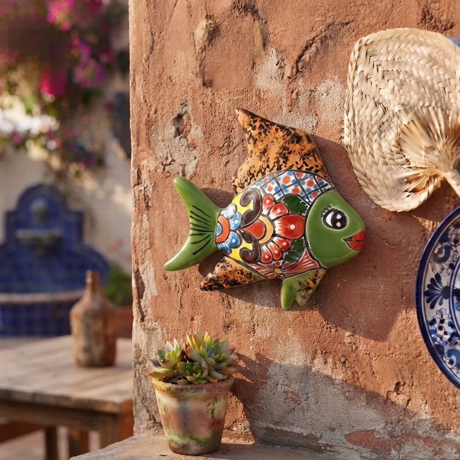 Green and orange Talavera-style ceramic fish wall décor displayed on a stucco wall in a Mexican-inspired outdoor space.